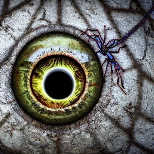 Prompt: highly detailed wide angle photo giant eye ball with spider legs sitting on rotting soviet block building - n 4