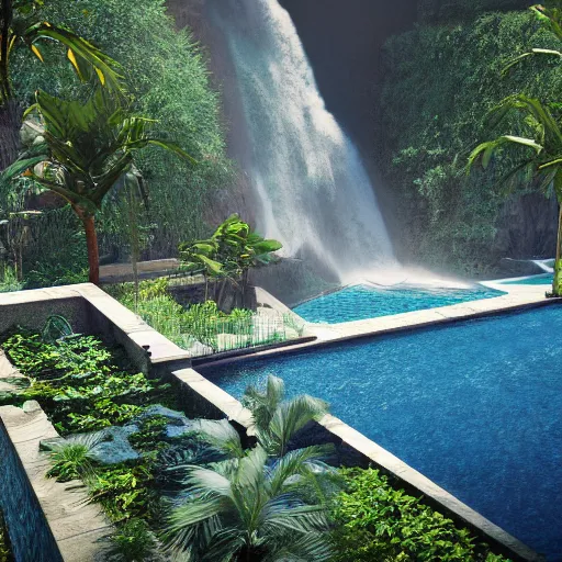 Prompt: a large swimming pool with a waterfall in the middle of it, a digital rendering by ricardo bofill, featured on tumblr, aestheticism, vray, sanctuary, rendered in unreal engine