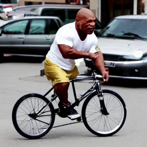 Image similar to mike tyson riding an extremely tiny bike