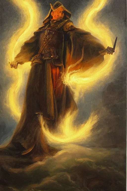 Prompt: oil painting of a wizard holding a sword that’s getting shocked by lightning towards the sky