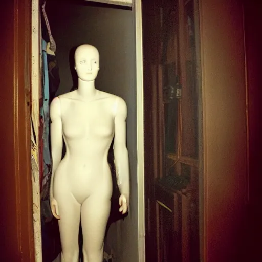 Image similar to grainy photo of a mannequin as a creepy monster in a closet, harsh flash