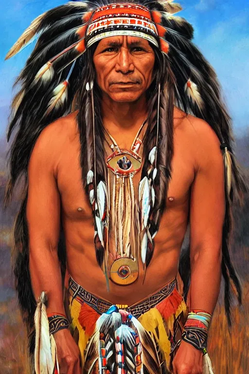 Prompt: thin native American Indian man in his early 30s, by Steve Henderson, Sandra Chevrier, Alex Horley