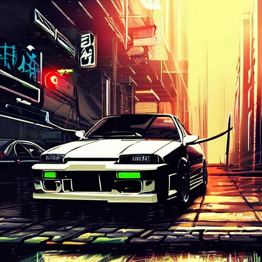 Image similar to beautiful hyper-detailed artwork of a robot ninja warrior with a sword, driving through the city, in a modified Nissan skyline r34, cyberpunk, lo-fi