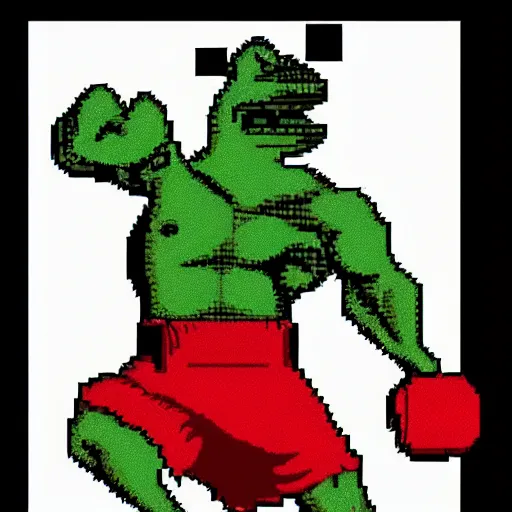 Image similar to extreme long shot, 8 bit nes graphics. antropomorphic muscular masculine pepe the frog. kickboxer fighter, in shorts. wolf head. art from nes game cartridge