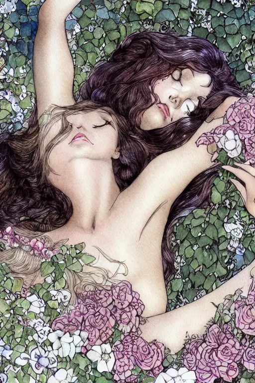 Image similar to closeup face shot of sleeping woman with long hair on a bed surrounded by ivy and flowers, fantasy art, trending on artstation, sleeping beauty fairytale, art by luis royo and walter crane and kay nielsen, watercolor illustration,