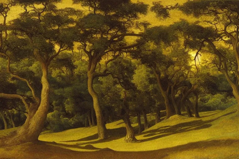 Prompt: masterpiece painting of oak trees on a hillside overlooking a creek, dramatic lighting, by elihu vedder