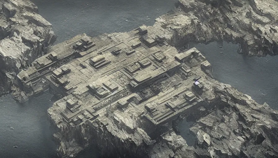 Image similar to big brutalisti mperial military base on cliffs, drawing architecture, island, very long shot, top angle, pritzker architecture prize, science fiction, control the game, brutalism, earthbound, jan urschel, very detailed