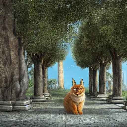 Image similar to cute fluffy caracal wearing toga, in ancient greek town, marble columns, olive trees, sunny, a beautiful landscape by gediminas pranckevicius
