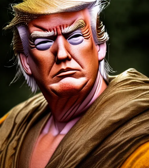 Prompt: award winning 5 5 mm close up portrait color photo of trump as songoku, in a park by luis royo. soft light. nikon d 7 5 0