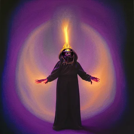 Prompt: peer into the depths of the endless cosmic void, shine a light on your darkest terror. the wizard claybore, robert vardeman oil on canvas, photographic hyperrealism