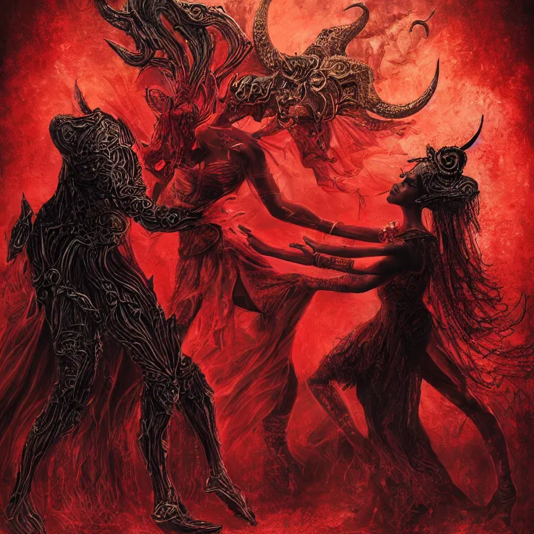 Prompt: black man and a woman-devil in red dress with horns are dancing together, in Dark souls and elden ring style, insanely detailed and intricate, golden ratio, hypermaximalist, elegant, ornate, luxury, elite, ominous, haunting, matte painting, cinematic, cgsociety, James jean, Brian froud, ross tran, Laputa