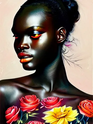 Image similar to portrait of duckie thot with a floral background : : painted by artgerm, karol bak, artur bordalo, sandra chevrier : : portrait, character, illustration, hyperrealism, photorealism,