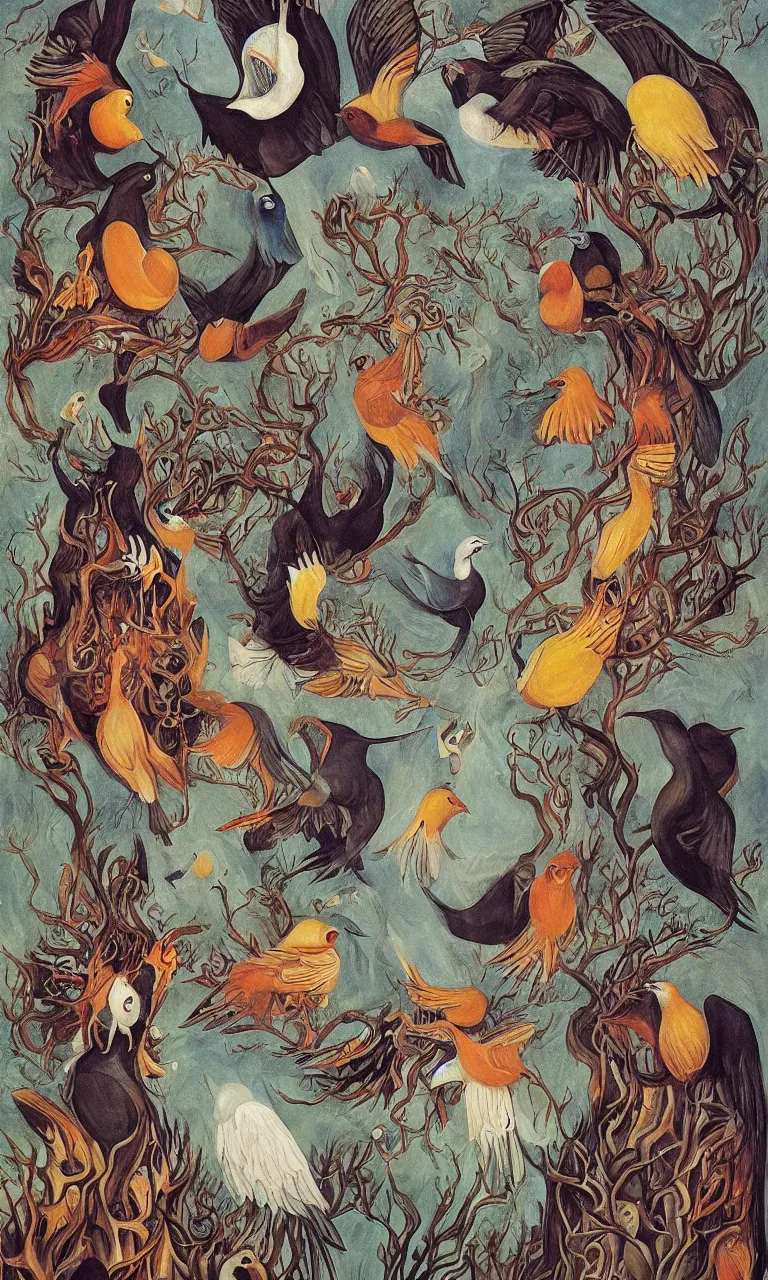 Prompt: depiction of the summoning rituals of glorious birds by leonora carrington and james jean, digital art