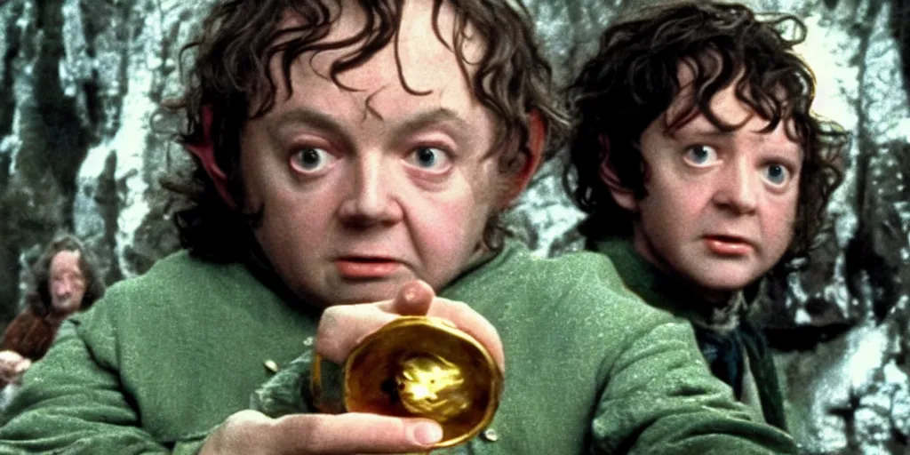 Prompt: A full color still from Stanley Kubrick’s Lord of the Rings featuring Paul McCartney as a hobbit, holding a golden ring inside his home, 35mm, 1970