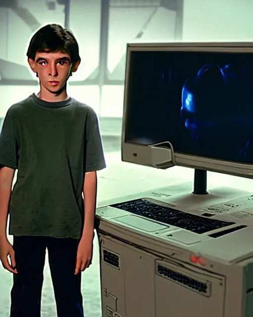 Image similar to 8k professional photo of an 8 years old enlightened and scared boy standing in front of an old computer from 90s with a game doom2 at the monitor screen, still from a 2021 movie by Alfonso Cuaron and James Cameron