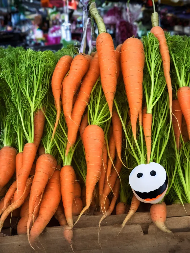 Image similar to a photorealistic jolly carrot with googly eyes and a big smile, farmer's market setting, vivid colors, soft lighting, atmospheric, cinematic, 8k