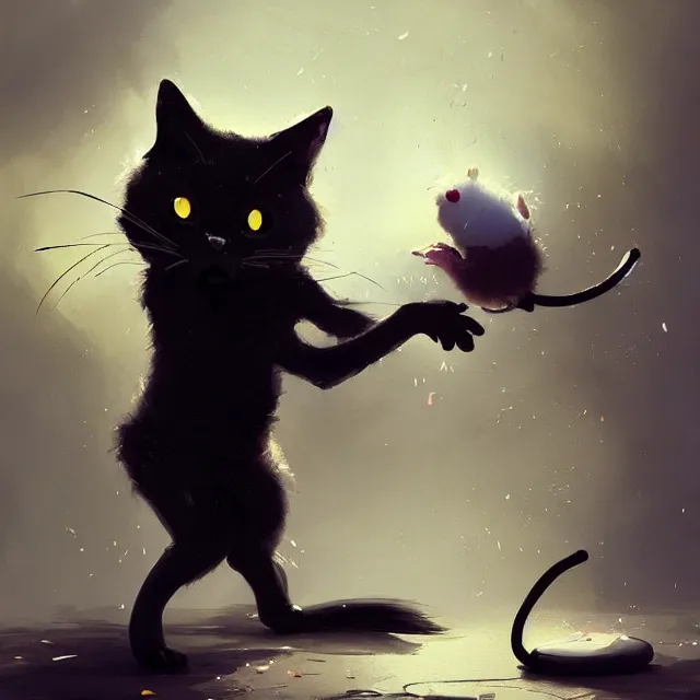 Image similar to a beautiful painting of a cute black cat catching a mouse. disney character design by cory loftis, fenghua zhong, ryohei hase, ismail inceoglu and ruan jia. artstation, volumetric light, detailed, photorealistic, rendered in octane