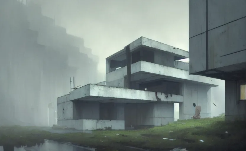 Image similar to painting of a wide angle exterior shot of a white concerete brutalist architecture house with rainy and moody cinematic lighting by darek zabrocki and greg ruthkowski, alphonse mucha, simon stalenhag and cinematic and blue cold atmospheric, archillect concept art, artstation, trending on artstation