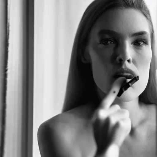 Image similar to Live Action Still of Jerma985 in a film of a beautiful model woman smoking a cigarette by the window, black and white, hyperrealistic, ultra realistic, realistic, highly detailed, epic, HD quality, 8k resolution, body and headshot, film still