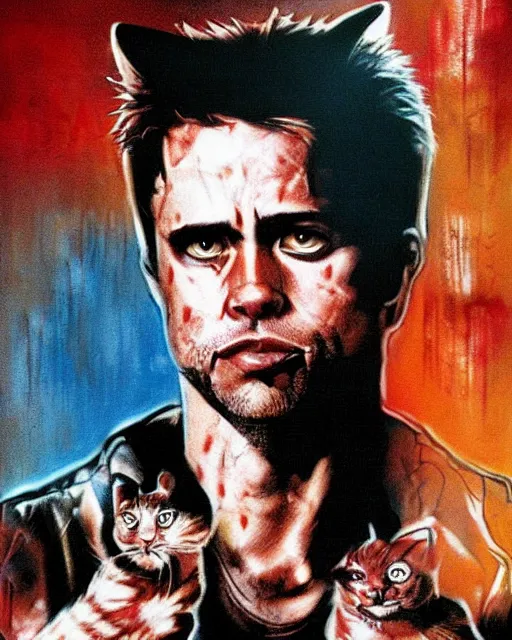 Prompt: cat in fight club, cat tyler durden, airbrush, drew struzan illustration art, key art, movie poster