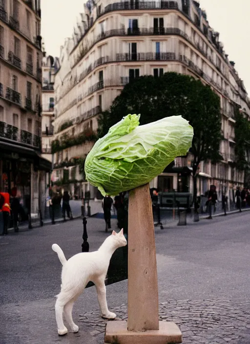 Prompt: a unicorn in paris, a cat and a piece of cabbage are crawling out of the unicorn, lsd, canon 5 d 5 0 mm lens fuji 8 0 0 film