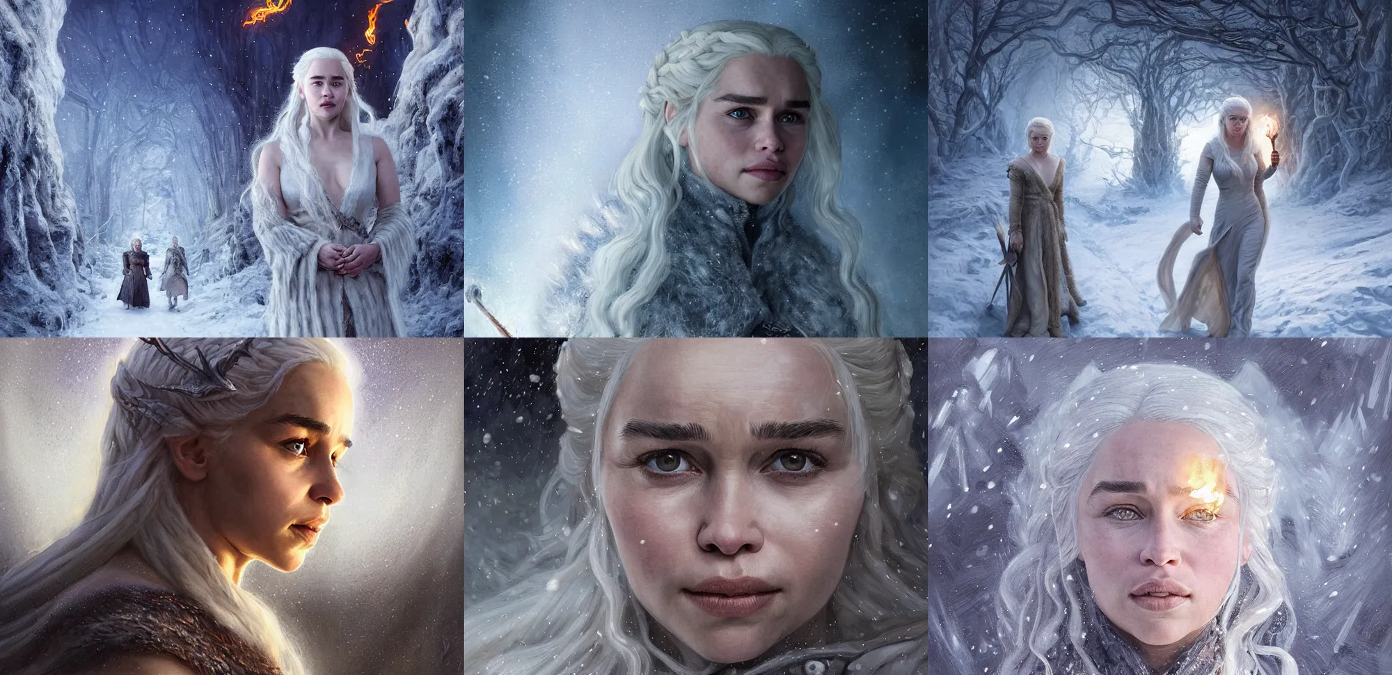 Prompt: face portrait of Emilia Clarke as Daenerys Targaryen walking through deep snow wearing thick wooly clothing in a winter scene, fantasy, fireflies, torch light, dragons in background, intricate, elegant, highly detailed, centered, smooth, sharp focus, Donato Giancola, Joseph Christian Leyendecker, WLOP, Boris Vallejo, Artgerm