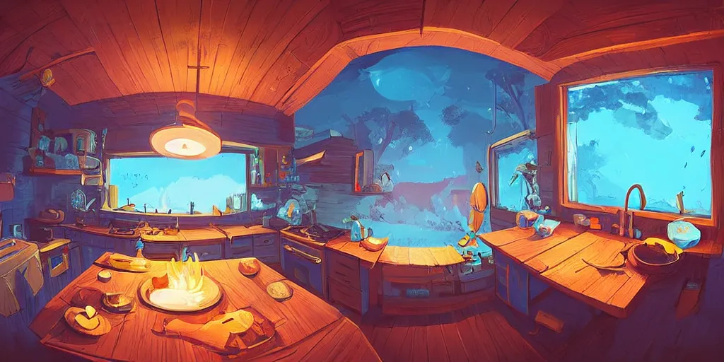 Prompt: epic illustration fisheye lens of a wooden kitchen dim lit by 1 candle in a scenic environment by Anton Fadeev and Steve Purcel and Peter Chan