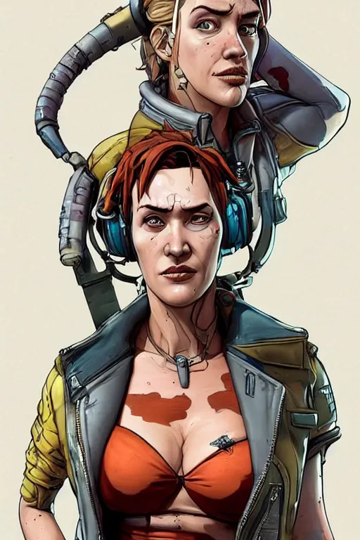 Image similar to a study of cell shaded portrait of Kate Winslet mechanic as Borderlands 3 concept art, llustration, post grunge, concept art by josan gonzales and wlop, by james jean, Victo ngai, David Rubín, Mike Mignola, Laurie Greasley, highly detailed, sharp focus, alien, Trending on Artstation, HQ, deviantart, art by artgem