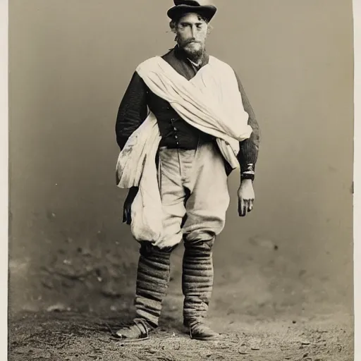 Prompt: A 1900 photography of a colonial explorer wearing bauhaus cloth next to a eagle