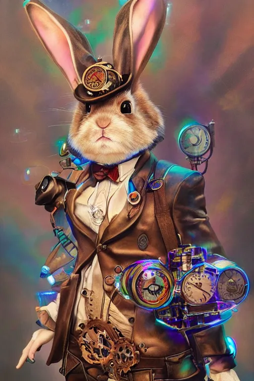 Image similar to ultra realist soft painting of a single steampunk rabbit artist, very intricate details, volumetric rainbow lighting, reflections, refractions, symmetry accurate humanoid anatomy features, unreal render