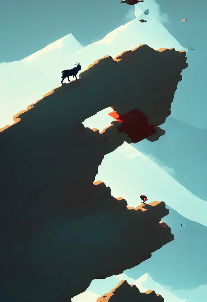 Image similar to by moebius and atey ghailan | a mountain goat flying an impossible distance through the air between two peaks |