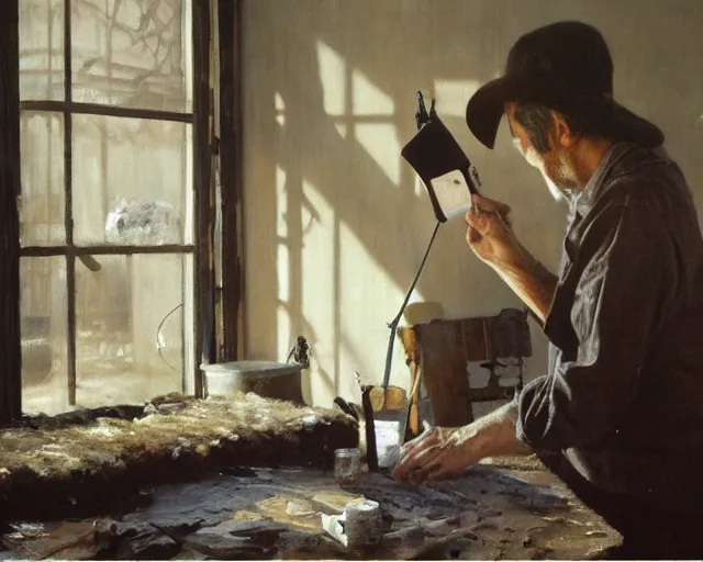 Image similar to an exhausted painter in his studio painting a picture of a penguin - key lighting, soft lights, foggy, by steve hanks, by lisa yuskavage, by serov valentin, by tarkovsky, 8 k render, detailed, oil on canvas