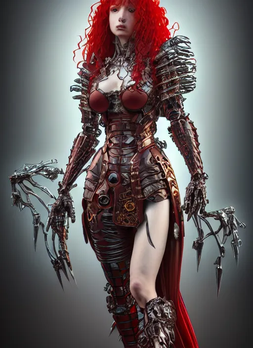 Prompt: highly detailed cdpr metahuman 8 k character design of a mechine witch, red long wavy hair, armor by hajime sorayama, dress by ayami kojima, clear symmetrical face, game assets, unreal engine, sharp focus, illustration, elegant, artgerm, alphonse mucha