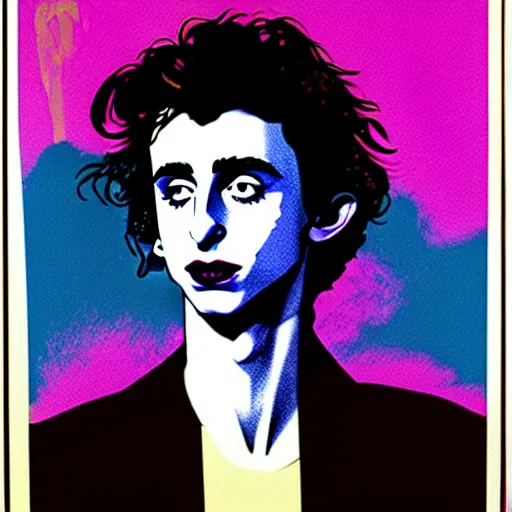 Image similar to vector art solarized screenprint of timothee chalamet as dream of the endless ( sandman ) by brian bolland and andy warhol