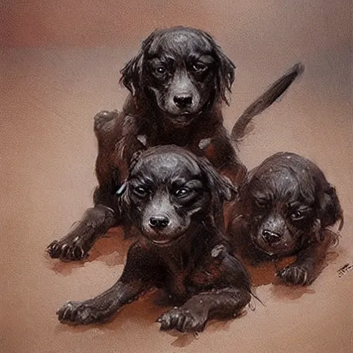 Image similar to cute, adorable, 3 - headed demon dog cerberus, painted by greg rutkowski, wlop