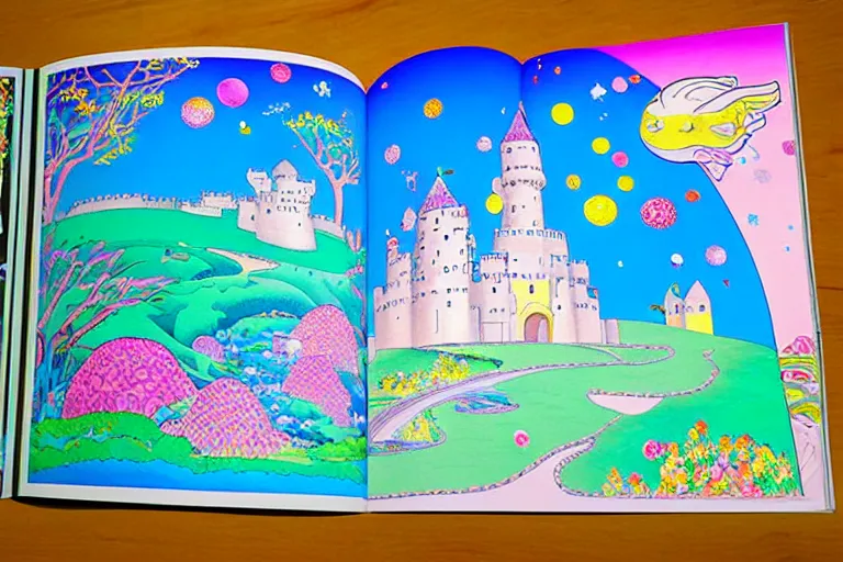 Image similar to an old castle on a seaside cliff by chiho aoshima and lisa frank and heremia ketner coloring book like art