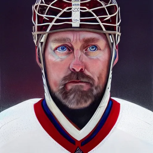 Image similar to beautiful portrait of patrick roy as a hockey coach, fantasy, intricate, elegant, highly detailed, digital painting, artstation, concept art, smooth, sharp focus, luxury fashion illustration, art by artgerm and greg rutkowski and alphonse mucha, brightly lit cinematic soft lighting, photorealistic