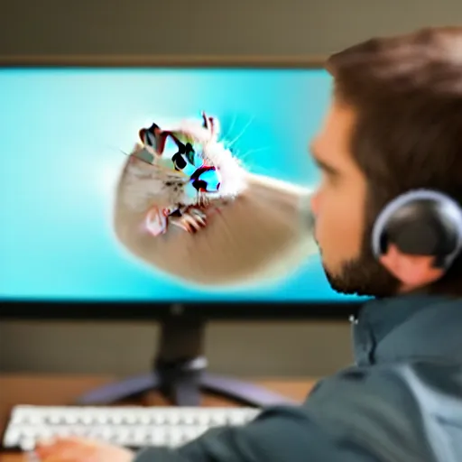 Image similar to hamster playing computer. hamster in gaming headphones. hamster sitting on gaming chair. beside view.