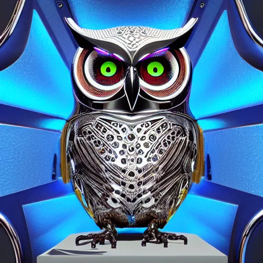 Image similar to chrome owl, glossy, metallic, neon, symmetrical, tribal patterns, realistic, unreal engine, octane, redshift, artstation, behance