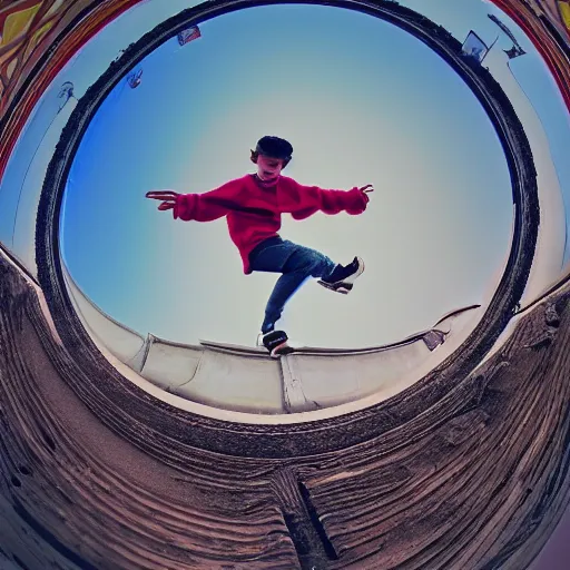 Image similar to a Biblically-accurate angel doing a kick flip down some stairs fish eye lens