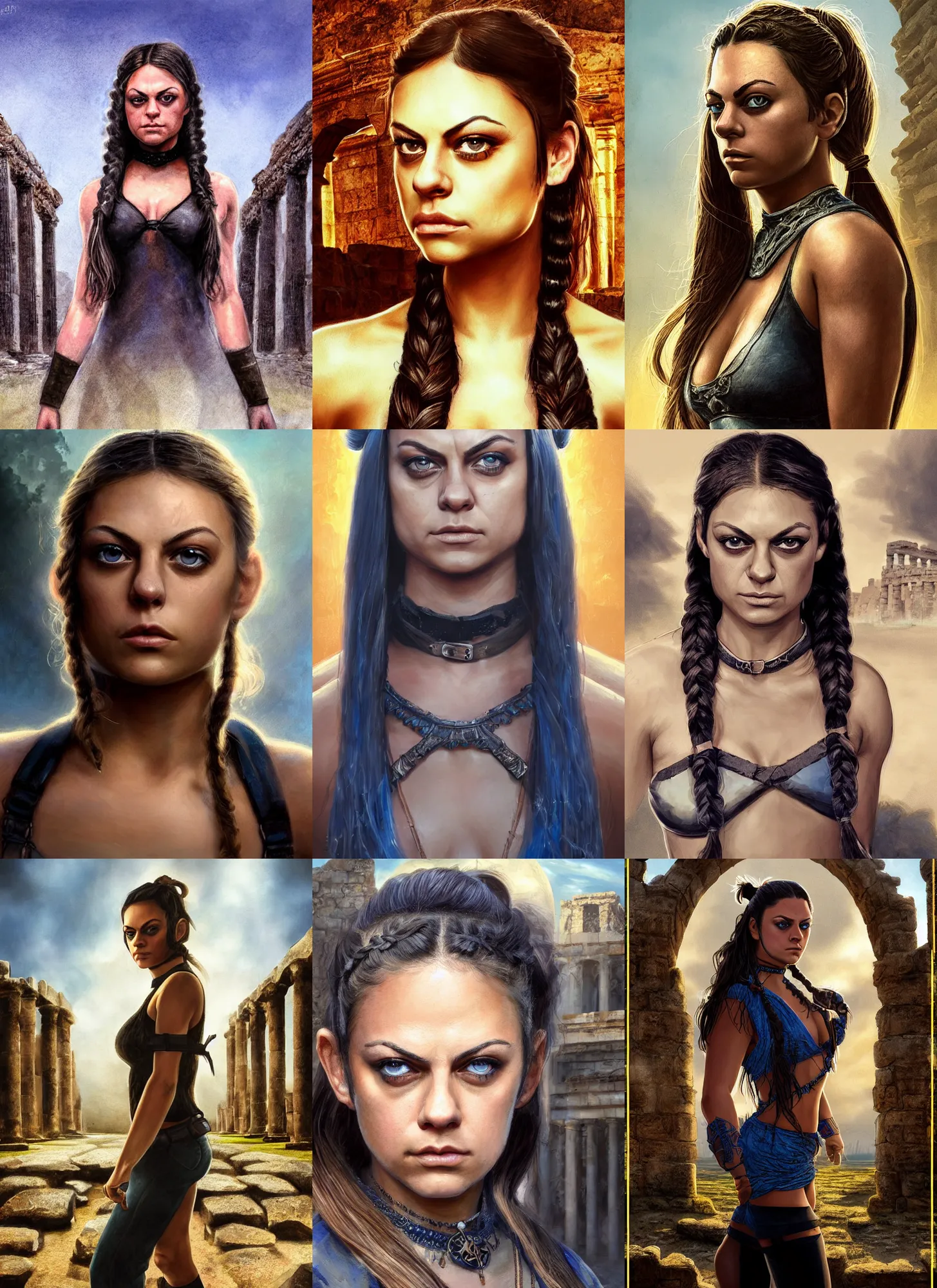 Image similar to portrait of young muscled Mila Kunis with pigtails hair and bright blue eyes looking directly into the camera, wearing black choker, walking out epic ancient ruins, golden hour, intricate, elegant, highly detailed, centered, sharp digital painting, artstation, concept art, smooth, sharp focus, illustration, Allan Lee, John Howe