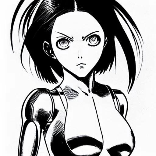 Image similar to alita by yukito kishiro. medium shot. black and white manga. pencil drawing.