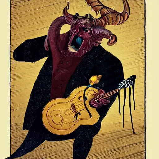 Prompt: the devil playing a golden fiddle,extremely detailed multiple unique different art styles.