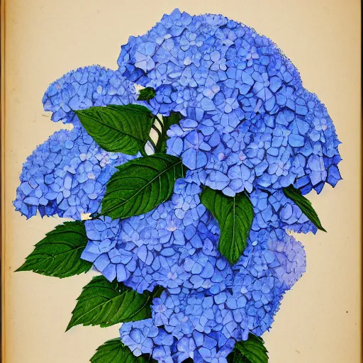 Prompt: Botanical illustration of a blue hydrangea, hyper detailed, 4k
