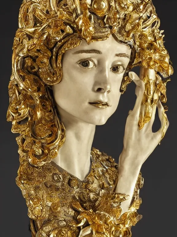 Prompt: a backlit art nouveau marble head and torso sculpture of a worried young audrey hepburn, wearing intricate gold plate armor on her chest and a golden helmet, delicate, intricate, smooth, beautiful, glowing, by charles van der stappen