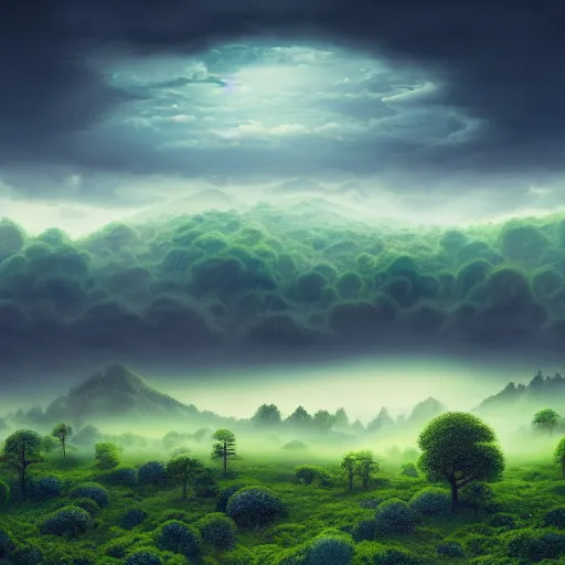 Prompt: epic view of a mountain range floating in the sky on a cloud, surreal landscape, Joe Fenton, broccoli trees, spinach forest, dusky, foggy lighting, realistic