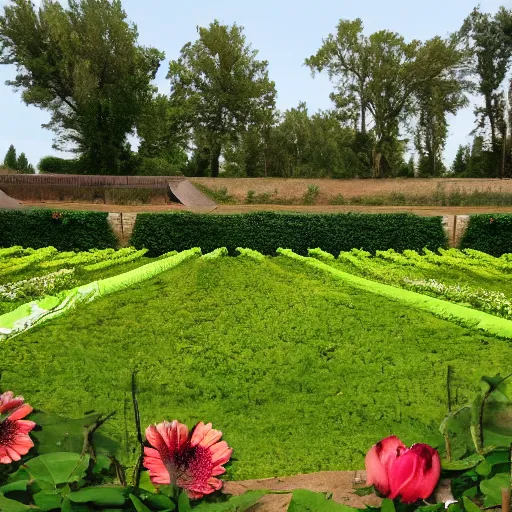 Prompt: flowers and vines creep in a field with a majestic swimming pool