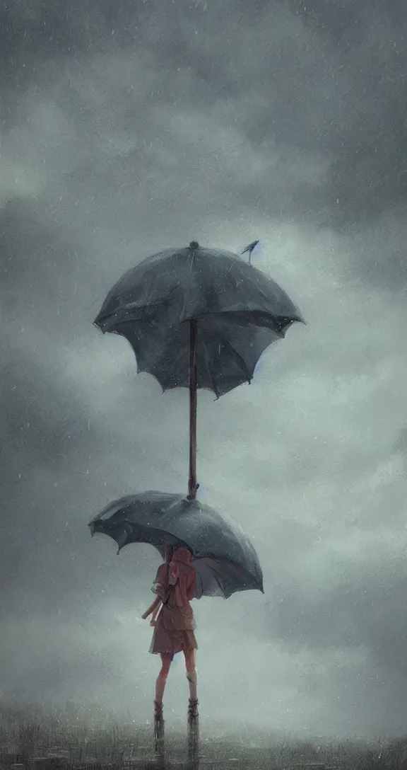 Image similar to Holding an umbrella and standing in a thunderstorm in the prairie, pretty, by Studio Ghibli and Greg Rutkowski, artstation