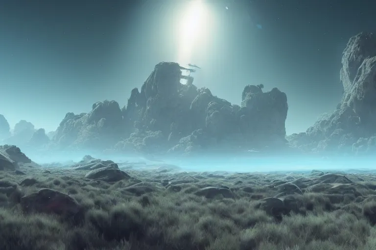 Prompt: beautiful sci fi planet, concept art trending on artstation, volumetric lighting, 8k