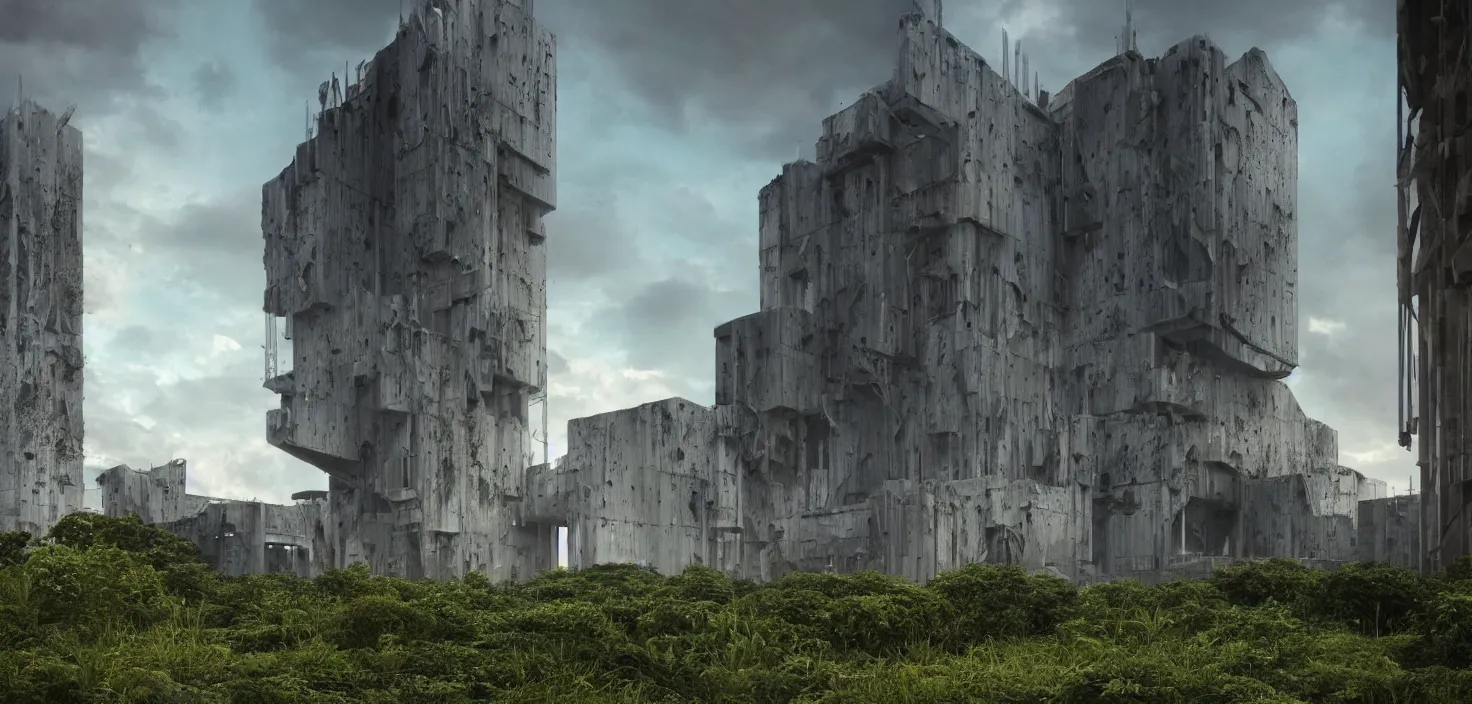 Image similar to a cathedral of brutalist architecture, surrounded by lush green vegetation, stunning volumetric lighting, sunset, metal, concrete, translucent material, stunning skies, scattered rubbish and debris, 8k, photorealistic, hyper detailed, unreal engine 5, IMAX quality, cinematic, epic lighting, digital painting in the style of DOOM and Quake, by Greg Rutkowski, trending on Artstation